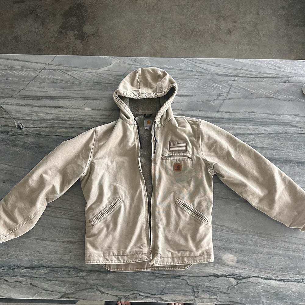 Rare Beige Carhartt hooded jacket American flag, Marine Corps, Canvas Sherpa
